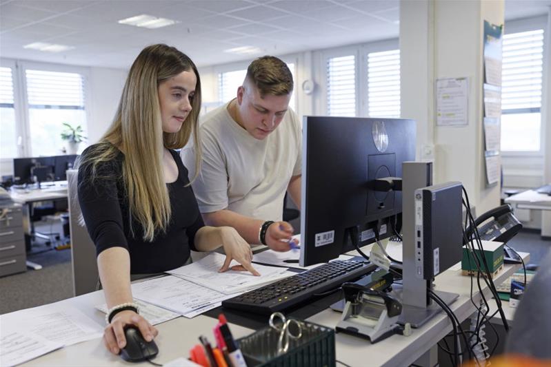 Un’apprendista e il suo supervisore lavorano davanti al computer in ufficio.